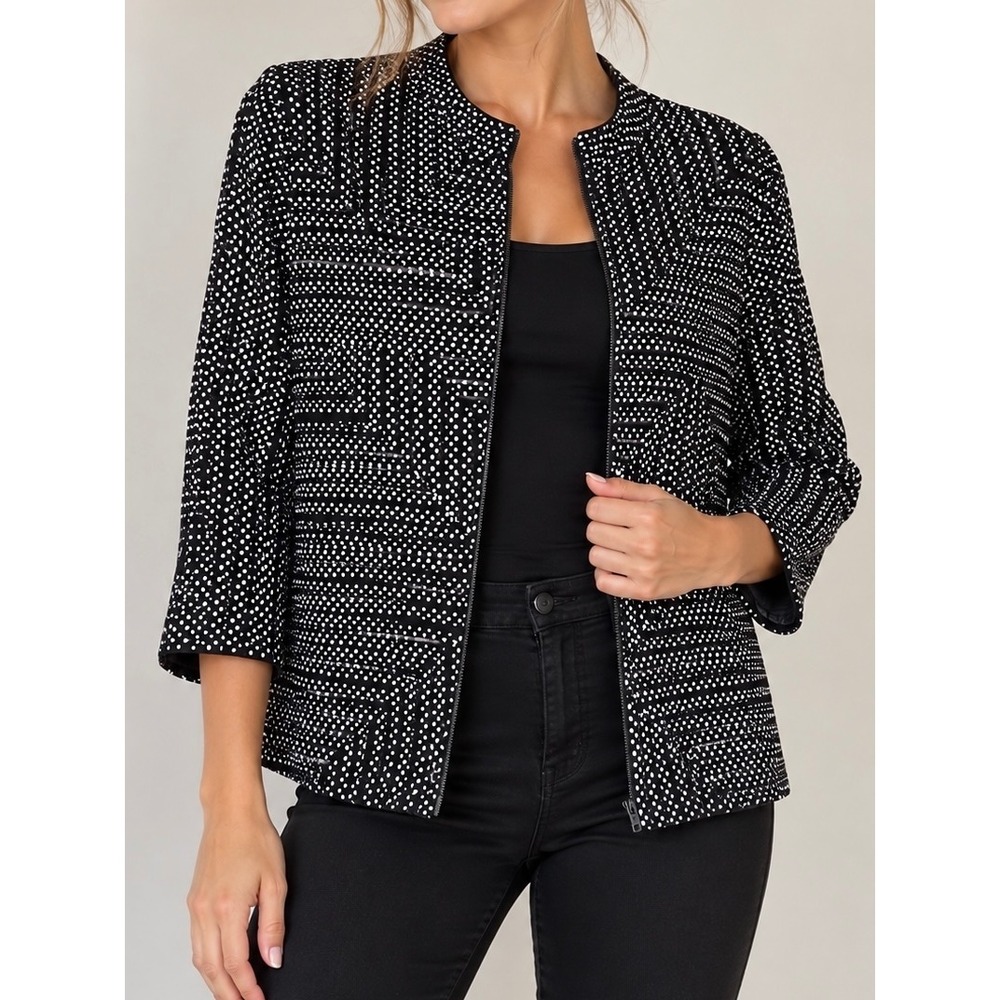 Black & White Geometric Print Zip Front Jacket Womens Medium